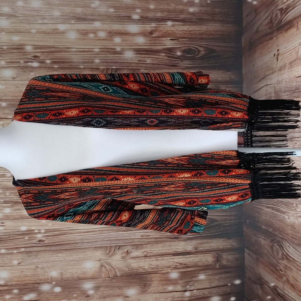 Tea N Rose southwestern fringe open cardigan small orange green western